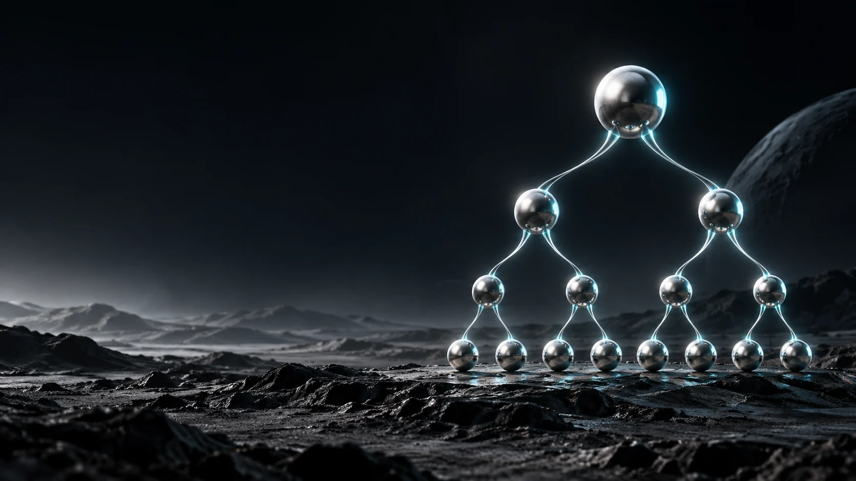 A three-dimensional branching network of silver nodes connected by luminous lines
